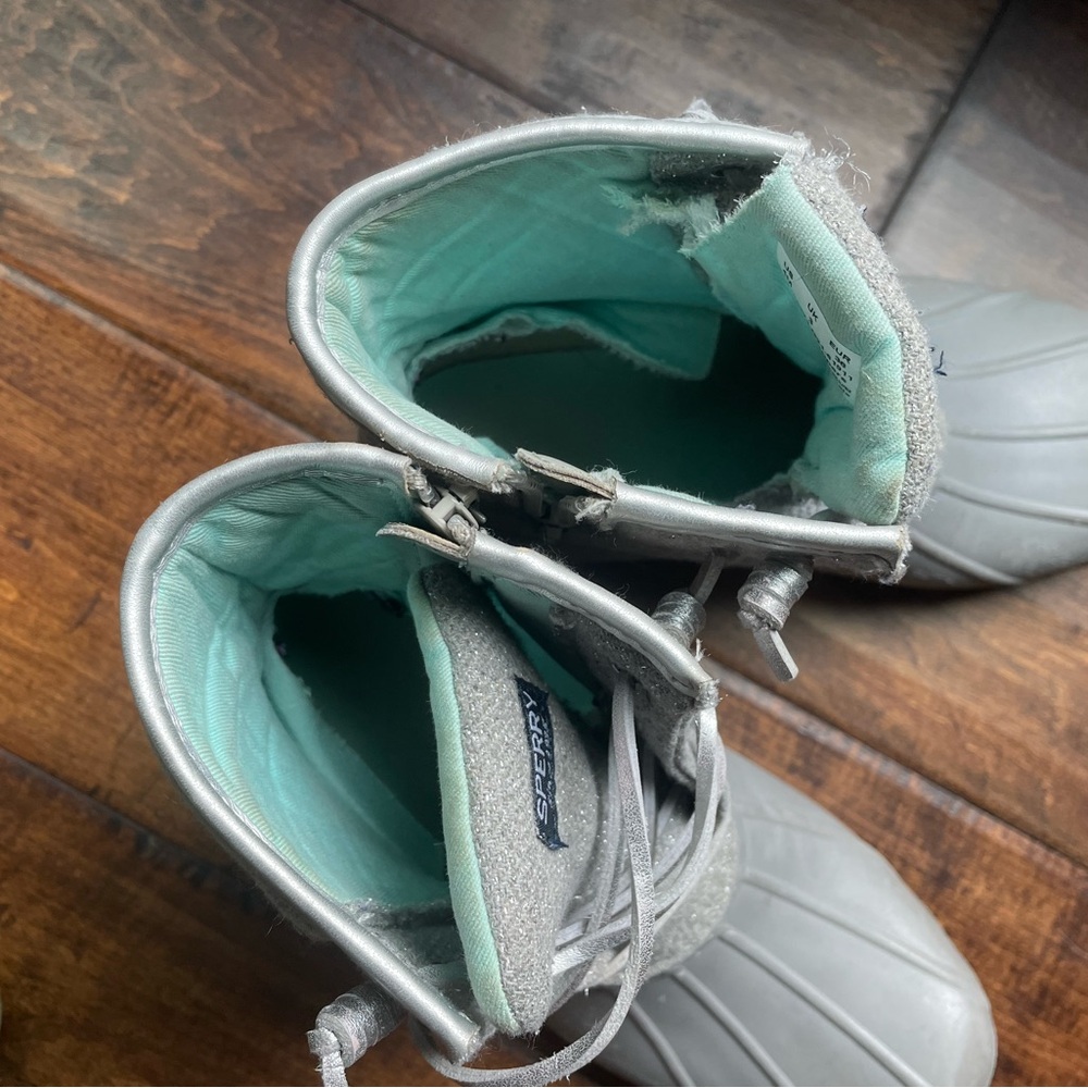 Sperry Silver and Green Rain & Snow Boots with Zipper Closure
